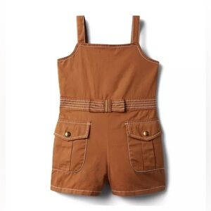 Janie and Jack Twill Contrast Stitch Bow Romper Soft Caramel